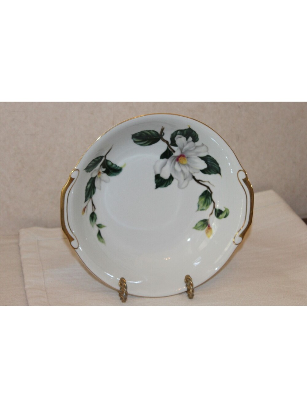 Vintage Seyei Japan Camellia Fine China Round Serving Bowl Gold Trim Handles